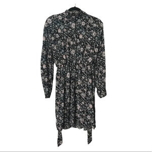 Promod Black Floral Long Sleeve High  Neck Keyhole Dress Size 10